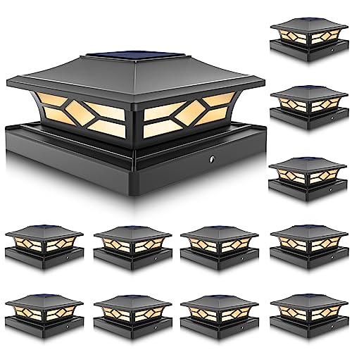 VOLISUN Solar Post Cap Lights,12Pack Outdoor Fence Post Cap Lights,Vinyl Fence Post Solar Lights White/Black Solar Powered Deck Post Lights for Dock Waterproof 2 Color Modes,4x4/6x6 Wooden/Vinyl Posts
