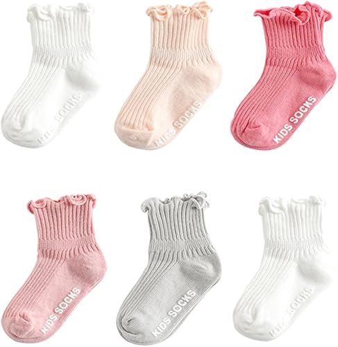 Zumou Calcetines antideslizantes antideslizantes para bebés y niñas pequeñas, con volantes, 6 pares