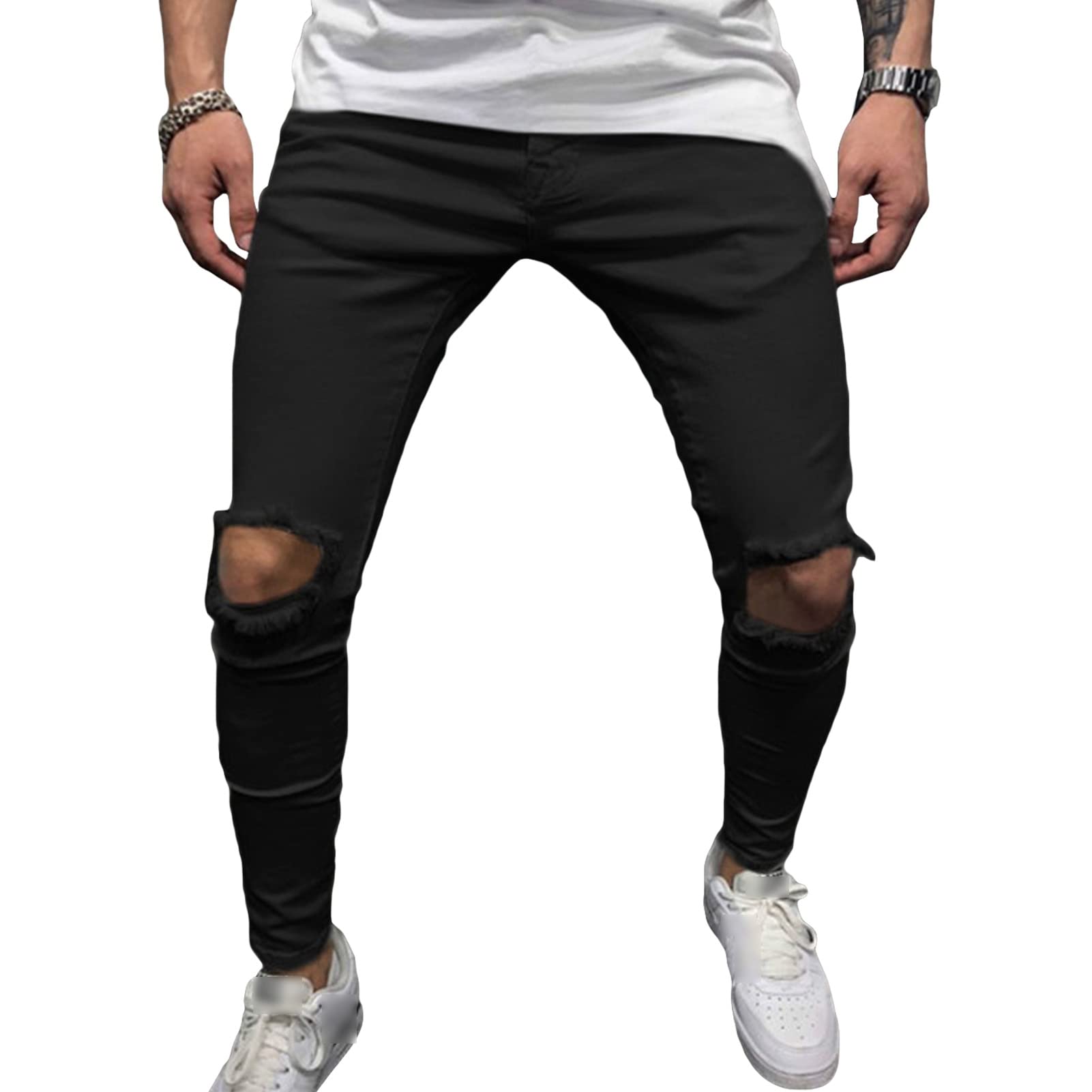 Maiyifu-GJ Men's Knee Holes Stretch Jeans Ripped Skinny Denim Pencil Pants Slim Fit Distressed Tapered Leg Jean Trousers (Black,XX-Large)