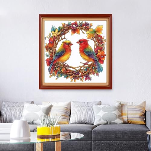 Image of Foxhool Stamped Cross Stitch Kits,11CT Printed Cross Stitch Pattern Full Embroidery Kits for Beginner Needlepoint Kits&Wreath Bird 18x18 inch