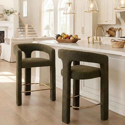 Image of HNY Modern Barrel Bar Stools Set of 3, 26 Inch Upholstered Sherpa Counter Height Bar Stools with Open Back and Armrests for Kitchen Island, Home Bar, Dining Room, No Assembly, Green