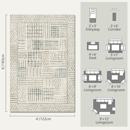 Image of Area Rug 4x6 Abstract Geometric Textured Brushstroke - Neutral Gray & Light Blue Modern Minimalist Area Rug, Decorative Carpet for Living Room Bedroom Home Decor