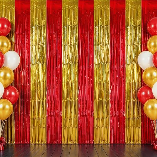 TONIFUL 2Pcs Red and Gold Metallic Tinsel Foil Fringe Curtain Streamers