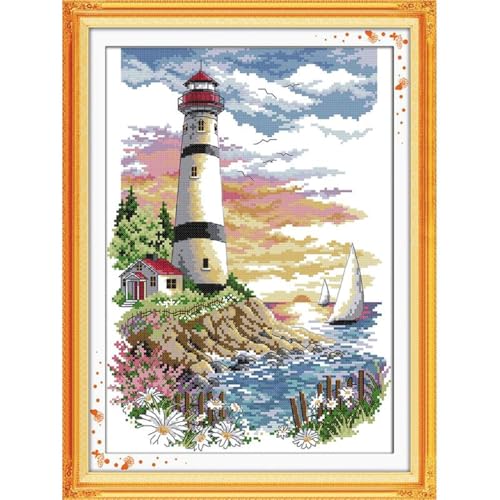 Image of JOYSEWING Sea Scenery Counted Cross Stitch Kits for Adults DMC Colored Thread Embroidery Art, DIY Beginner-Friendly Home Decor Birthday Craft kit Wall Art -Lighthouse(Printed) 15x20.1 inch