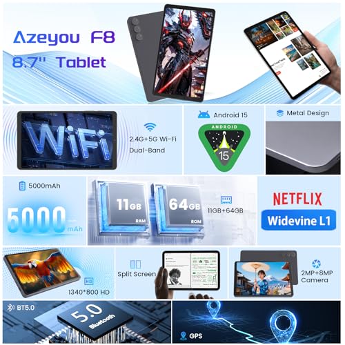Image of Azeyou Mini Tablet 8.7 inch Android 15 Tablet 11GB RAM & 64GB ROM 2TB Expandable, Tablet Computer with IPS HD Display, 5000mAh, Wi-Fi 6 & BT5.0, Support GPS, GMS, Widevine L1