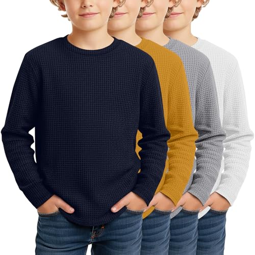 Image of 4 Pack Boys Long Sleeve Waffle Shirts | School Sweaters for Boys, Waffle Knit Thermal Shirts, Crewneck Thermal Casual Tops, Fall, Winter, Kids Clothes for 5-14 Y