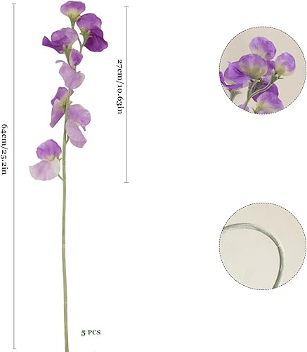 Miniatura 2 de FairDeco 5 ramos de flores de guisantes falsos de seda artificial, tallos de dulzor de 24.4 pulgadas de alto (morado) para decoración de flores de