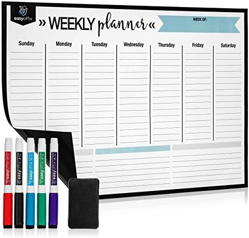Magnetic Dry Erase Weekly Calendar Set by Easy Offix - 17x12" Stain Resistant Refrigerator Whiteboard - 5 Fine Tip Markers & Large Eraser with Magnets - Fridge Planner White Board Wall List Organizer