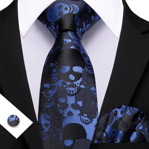 Image of Barry.Wang Man Tie Sets Skull Ties Animal Extra Long Necktie Silk Woven Handkerchief Cufflinks Festival Party Gift