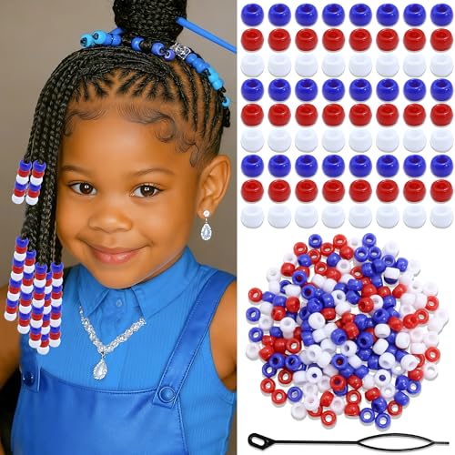 Image of NAISKA 200PCS Red Blue White Pony Beads 4th of July Beads for Hair Small Flat Braids Beads Memorial Decorations 3 Colors Hair Accessories for Kids Girls Boys