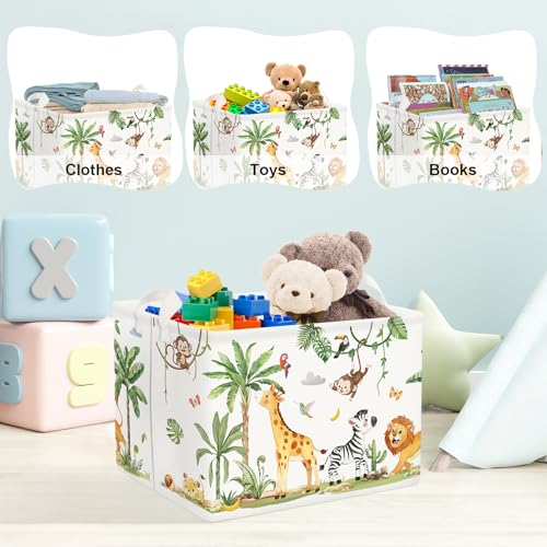 Image of Clastyle Tropical Jungle Animals Baby Laundry Hamper Palm Tree Kid Storage Basket Boys Girls Gift Toy Box Collapsible Clothes Organizer Nursery Bin for Bedroom,Giraffe Zebra,40 * 30 * 30 cm