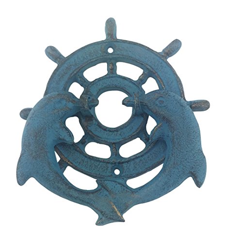 Cast Iron Door Knocker, Pair of Dolphins with Ships Wheel, Blue Verdigris Patina, 5.75" Tall