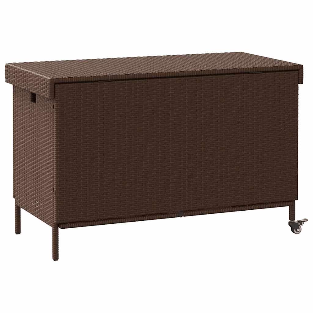 Skrzynia ogrodowa z polirattanu, brązowa, z rolkami, 110 x 55 x 73 cm, odporna na warunki atmosferyczne, skrzynia ogrodowa z miejscem do przechowywania poduszek, taras, balkon, wodoszczelna