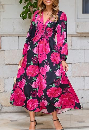 Image of Maxigerui Women's Long Sleeve Floral Maxi Dress 2026 Spring Summer Wedding Guest Dress Red Floral L