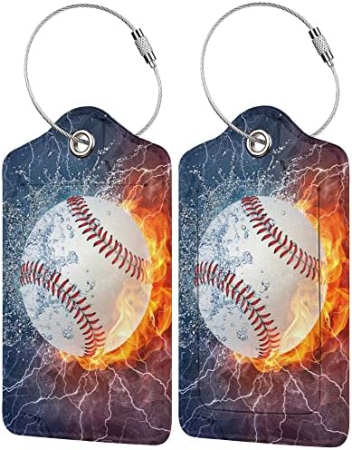 2 Packs Baseball Luggage Tags for Suitcases for Sports Men Boys Kids Travel, Name ID Card Labels Set PU Leather with Full Back Privacy Cover Stainless Steel Loop Baggage Tags