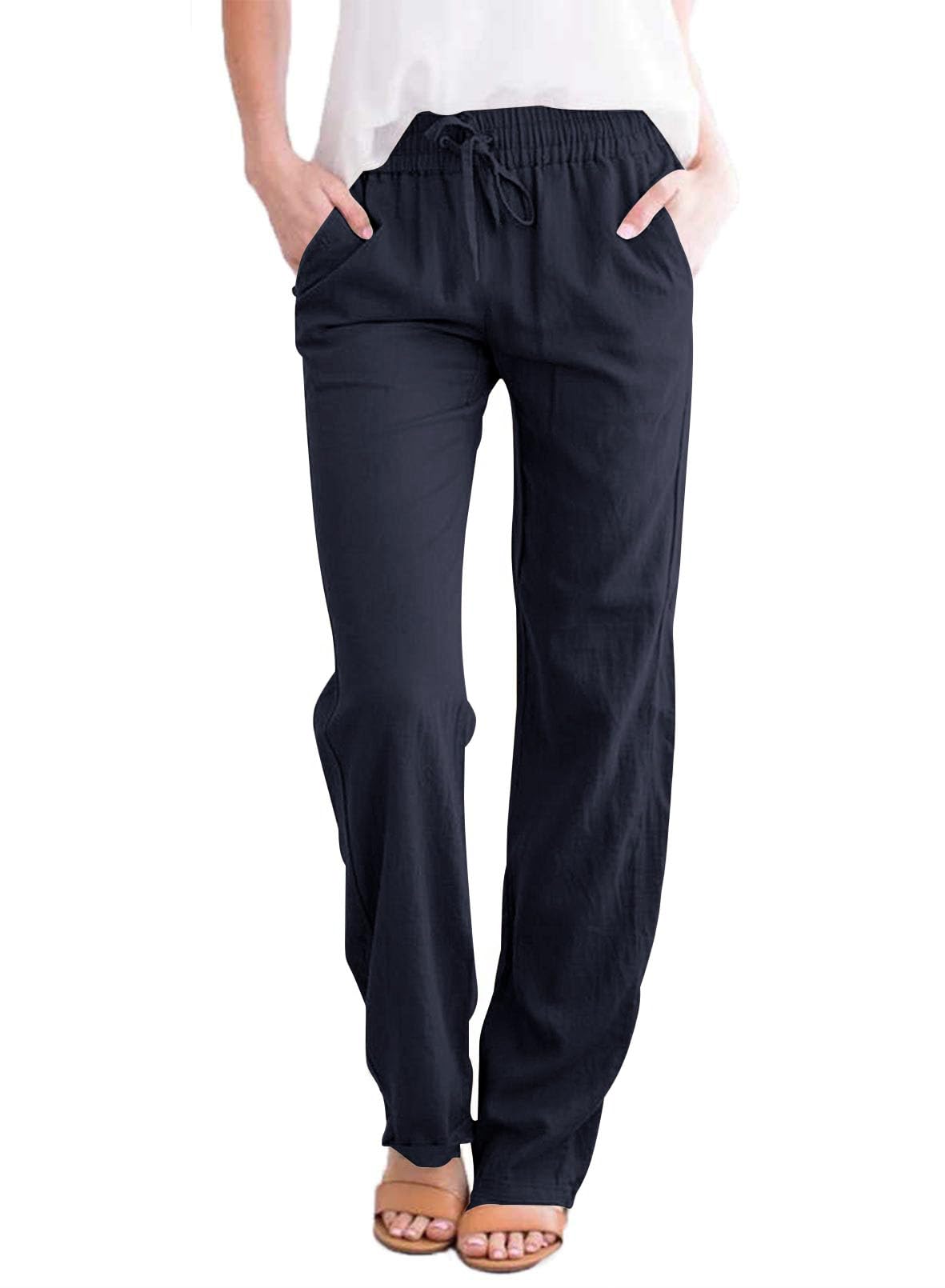 Tincini Leinenhose Damen Hose Sommer Musselin Leinen Hosen Stoffhose Einfarbig Freizeithose Gerade Geschnitten Strandhose Sommerhose mit Taschen (Navy Blau, M)