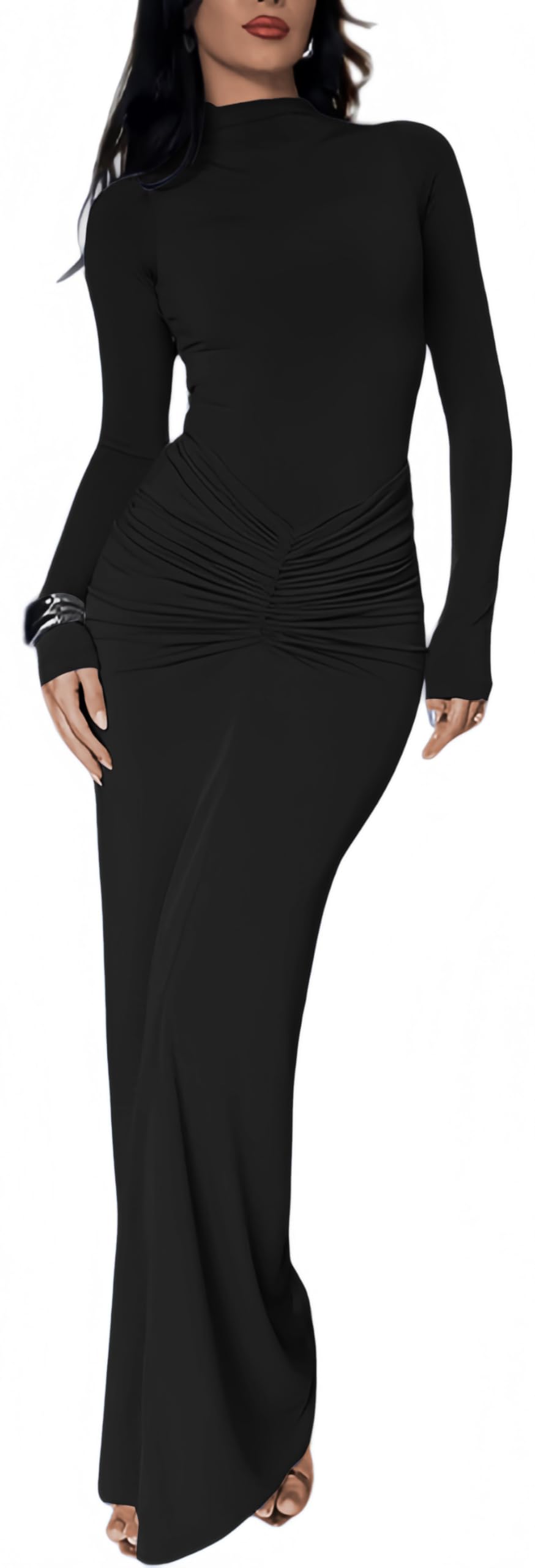Vestito Donna Elegante Maniche Lunghe Maxi Abito Aderente con Scollo Alto Sexy Vestiti Lungo a Pieghe Abiti da Sera Cerimonia Festa Cocktail Matrimoni Autunno Inverno Casual Bodycon Tubino