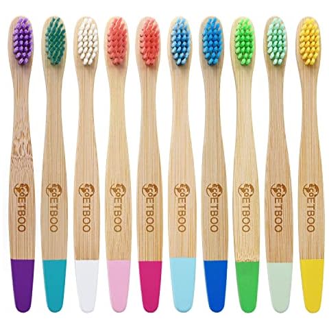 Bamboo Toothbrush with Soft Charcoal Bristles 4 Pack,Natural Wood Toothbrushes Round Handle with Colored Standing Bottom Recyclable, Eco-Friendly, Tooth brush Set Multipack (Multicolor - Kids) Cover