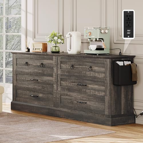 DWVO Farmhouse 6 Drawers Dresser, 59" Wide Wood Rustic Chest of Drawers with Nice Texture, Vintage Design, Storage Dressers Organizer for Living Room, Hallway, Dark Rustic Oak