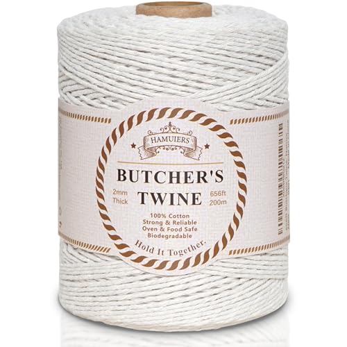 Butchers Twine for Cooking, Baking & Crafts - Food Safe Kitchen Twine for Tying Meat, Trussing Turkey, Roasting, Sausage Making - Strong Cotton Rope for Garden, Crafts & Packing, 656ft 2mm(Beige)