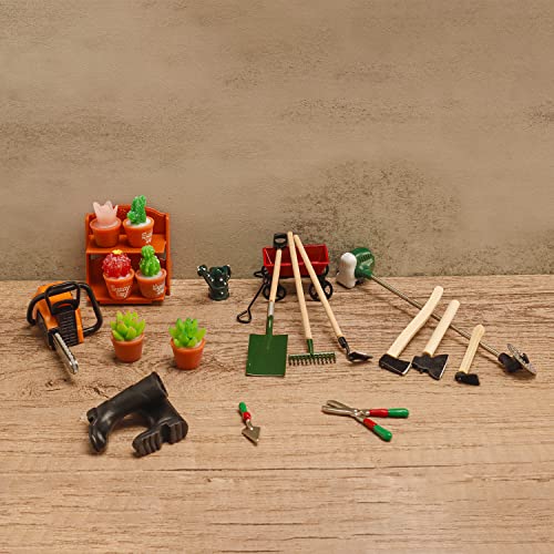 20 Pieces Miniature Fairy Garden Accessories Miniature Garden Farming Tools Included Mini Axe Chainsaw Spade Pestle Rake Wagon Kettle And Mini Bonsai Plants For Miniature Garden Landscape Decoration #TOP6
