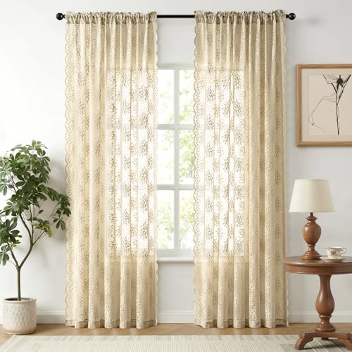 Image of MIULEE Vintage Floral Scalloped Lace Curtains 2 Panels, Beige 52 inch W x 84 inch L