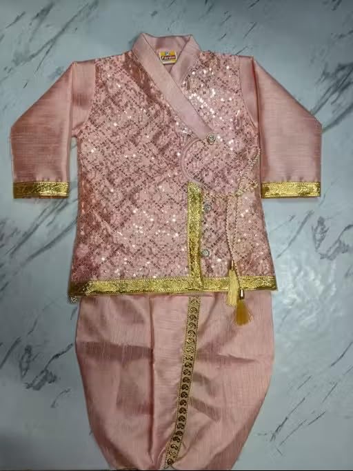 Image of Boys Ethnic wear Cotton Sequined Punjabi set | Stylish and Perfect Indian Outfit for kids-Yellow|Boys ethnic set