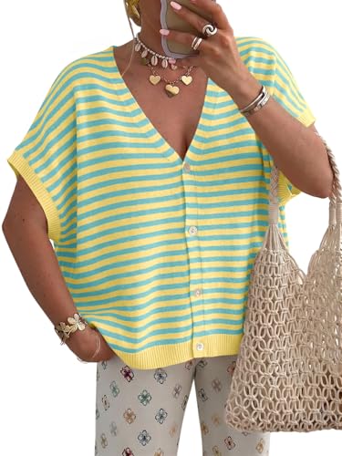Image of Saodimallsu Womens Summer Oversized Cardigans Batwing Short Sleeve Lightweight Button V Neck Casual Knit Sweater Tops