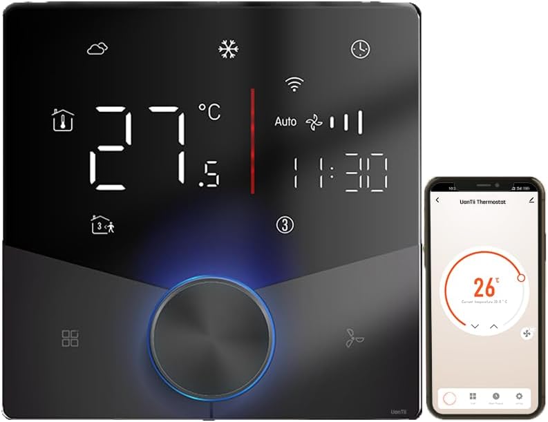 Smart Thermostat Tuya Wifi Central AC Thermostat 2 Pipe, Smart Knob HVAC Fan Coil Smart Temperature Controller App and Voice Control (Black 240V)
