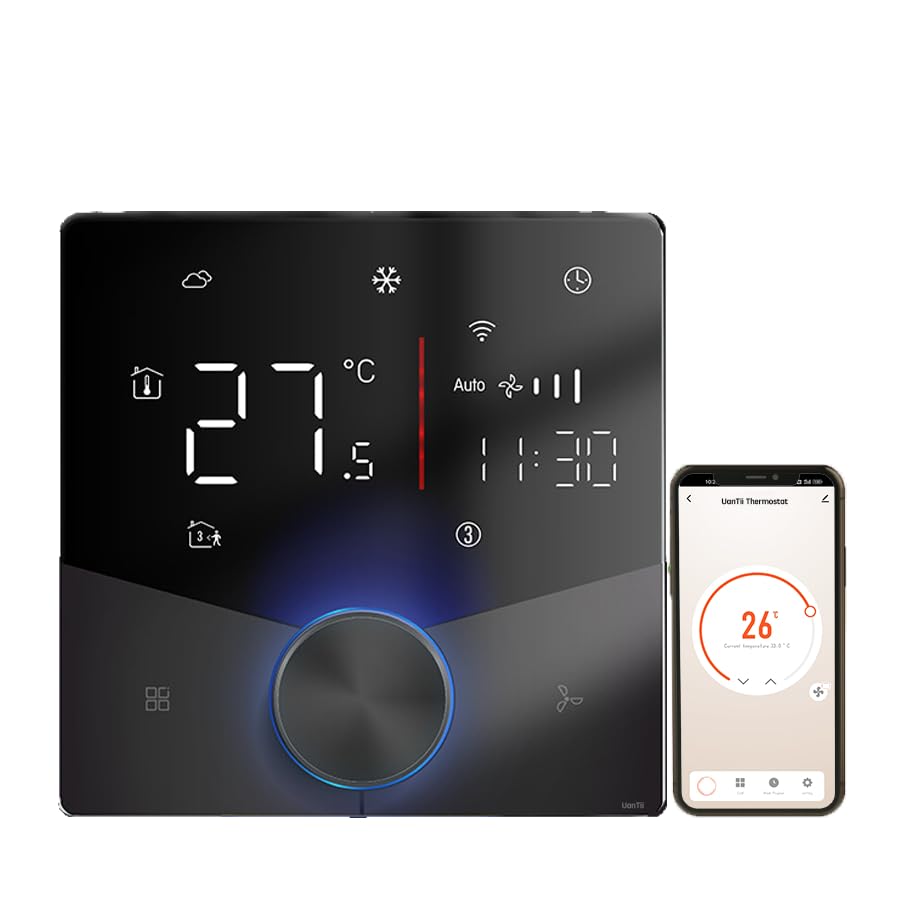 Smart Thermostat Tuya Wifi Central AC Thermostat 2 Pipe, Smart Knob HVAC Fan Coil Smart Temperature Controller App and Voice Control (Black 240V)