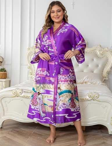 Image of Women's Floral Long Satin Robes Plus Size Long Silk Robes Peacock Floral Kimonos Sleepwear Dressing Gown