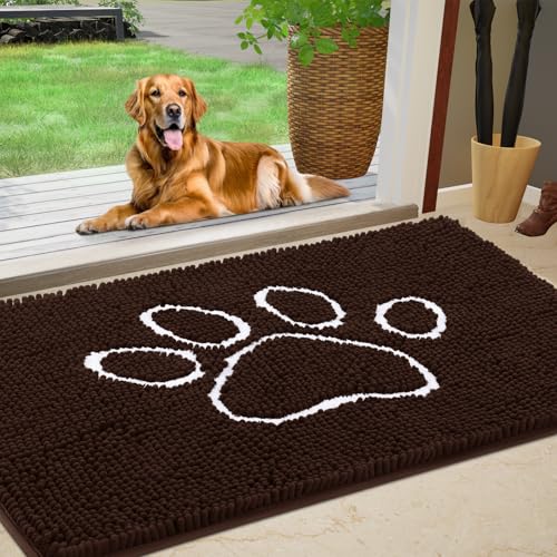 Dog Door Mat for Muddy Paws, Pet Rug Chenille Absorbent Outdoor Doormat 36"x 24", Non Slip Heavy Indoor Doormat Soft Front Inside Doormats for Entryway, Mud Paws, Patio,Dog Paw Brown