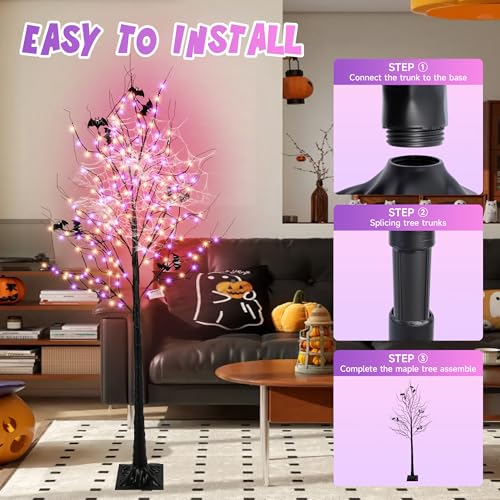 Halloween Lighted Tree with 260 LED Lights, 6FT Black Halloween Tree with Timer, 8 Modes, Dimmable, Spider Web & Bats DIY, Indoor Outdoor Halloween Decorations - image 6
