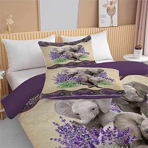 Bedmust Elephant Duvet Cover Set Twin Size, Lavender Wild Animal Elephant Comforter Cover Set, 3 Pieces Boho Purple Elephant Bedding Set With 2 Pillow Shams #TOP3
