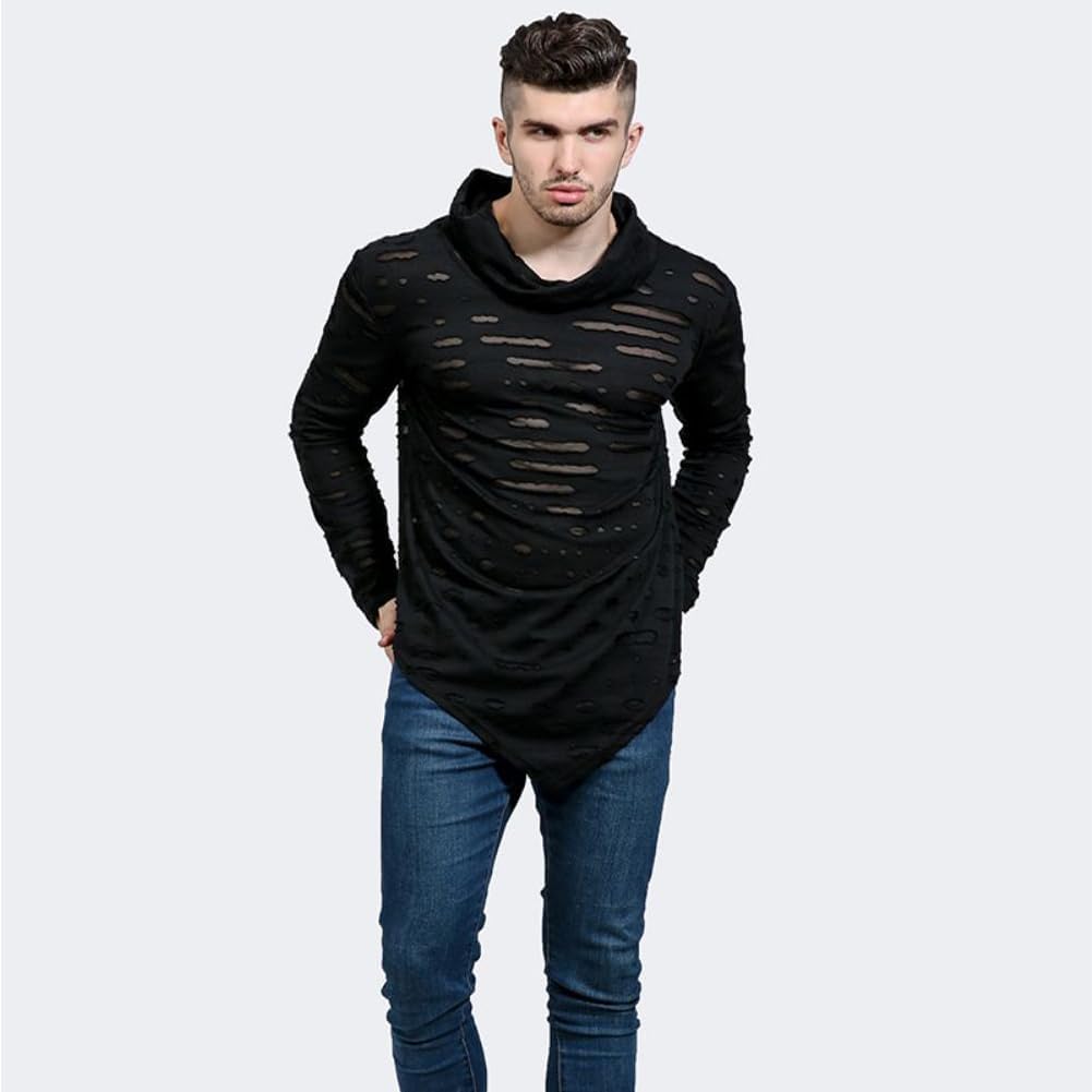 COTTORY Men's Pure Colour Hipster Hiphop Thumb Hole Design Hem Heaps Collar Long Sleeve T-Shirt - Image 2