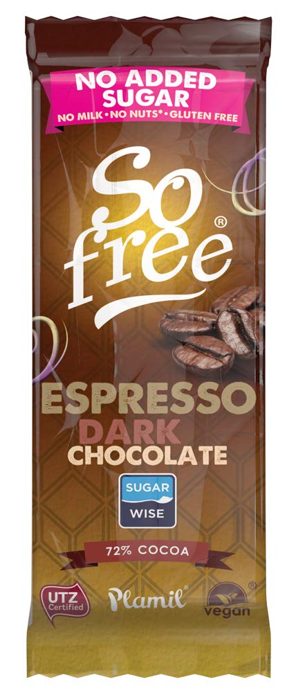 So Free Espresso Chocolate 72% Cocoa Snack Bars Case of 28 ( Vegan, No Added Sugar, Low Carb and Gluten Free)