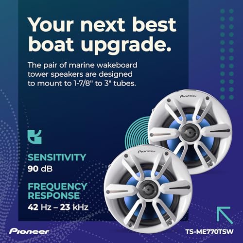Image of PIONEER TS-ME770TSW 7.7 inch Wakeboard Tower Speakers (Pair, White Sport Design) - 250W, RGB LED Lighting, Water Resistant Marine Speaker System Upgrade for Boats and Other Outdoor Audio Systems