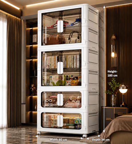Image of EXVITO Modular Plastic Wardrobe for Bedroom | 4 Tier Foldable Cupboard with Hanging Rod | Stackable Storage Almirah for Clothes with Wheels | Multi-Layer Plastic Storage Cabinet - White