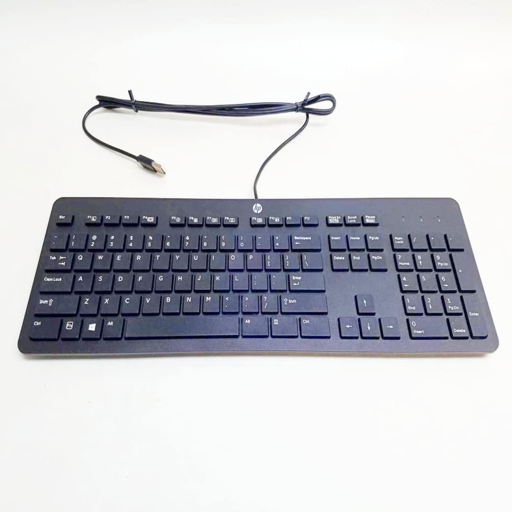Front view of the black wired USB slim keyboard with its cable extended.