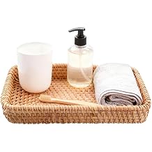 Handwoven Rattan Tray, Rectangle Serving Basket Natural Woven Tray for Fruit Tea Bathroom Organization Coffee Table Farmhouse Home Decor