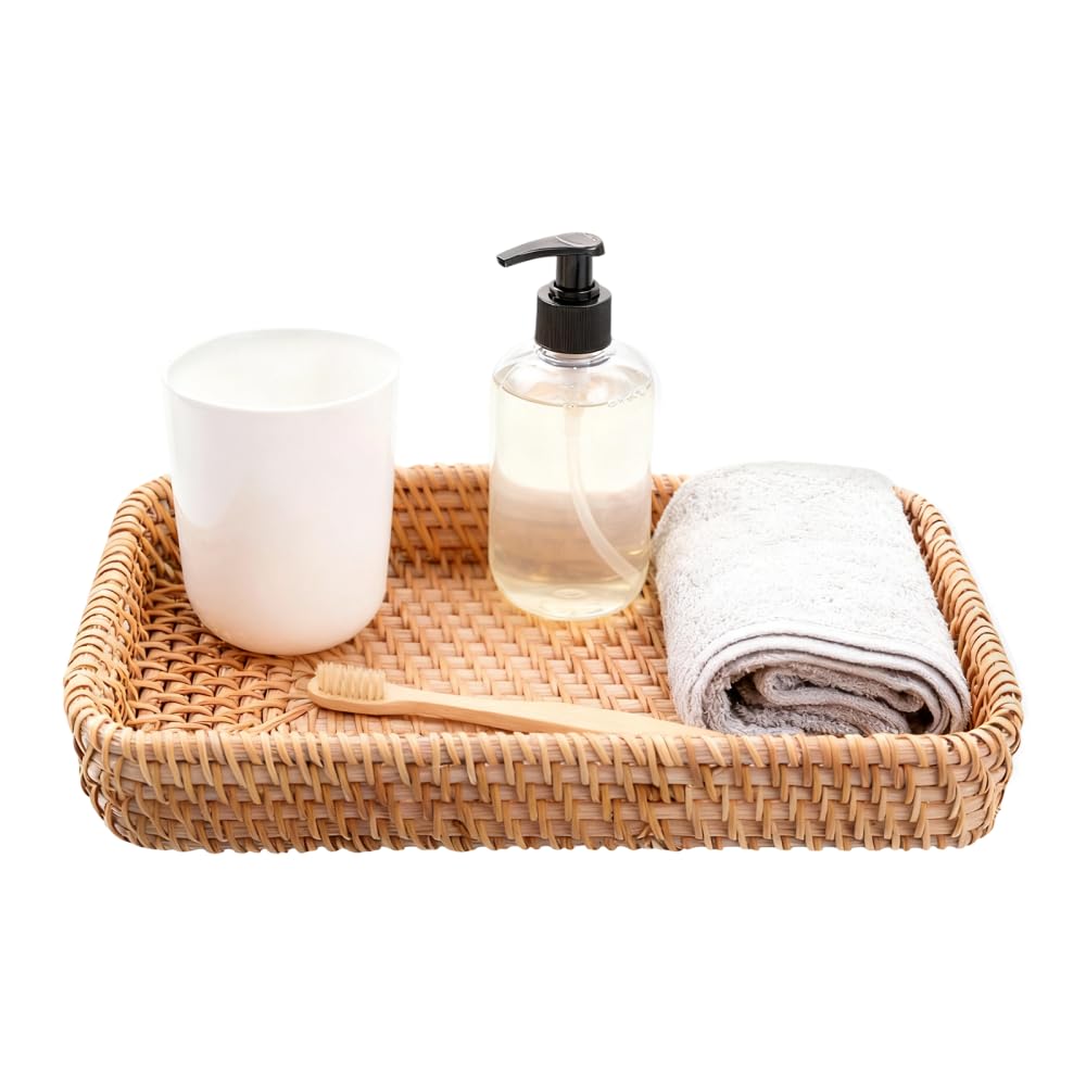 Rattan Vanity Tray,3.5cm Raised Edges Bathroom Storage Rattan Basket for Holding Tea Sets Fruits Bathroom Kitchen Countertop Table
