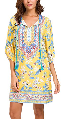 Image of Women Bohemian Neck Tie Vintage Printed Ethnic Style Summer Shift Dress