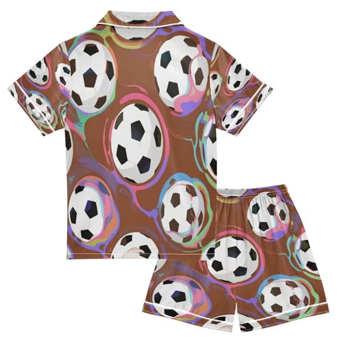 Satin Pajama Sets Short Sleeve Soccer Balls on Colorful Background Button Down Silky Nightwear 2 Piece PJS 5-14Y2