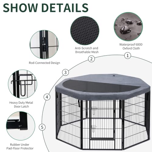 Image of PETIME Dog Playpen,Metal Exercise Puppy Pen Heavy Duty Kennels Yard Fence Indoor /Outdoor 30 inch W x 40 inch H 8 Panels Dog Cage with Octagon Top Cover and Bottom Pad