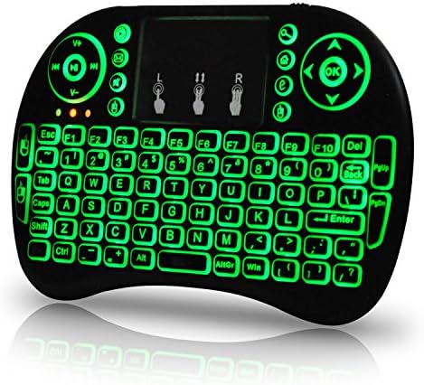 Universal i9 2.4Ghz USB Wireless Keyboard Mouse for Linux Chrome Mac Windows 10 Computer or Android TV Box - Rechargeable Battery - Backlit, Green