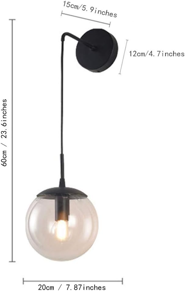 Holiday Deals 🛒 H XD GLOBAL Industrial Vintage Loft Bar 20cm Globe Drop Wall Lighting Fixture Bedroom Corridor Sconce Light Retro Gray Glass Sphere Wall Lamp (20cm, Black Metal, Gray)
