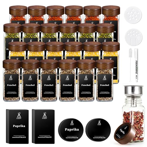 SAEIV Elegante Acacia Botes Especias, (24 x 120 ml) Botes Especias Cristal, Especias Almacenaje Cocina, Cuadrado Frascos Especiarias Juego Utilitario Con Etiqueta Especias