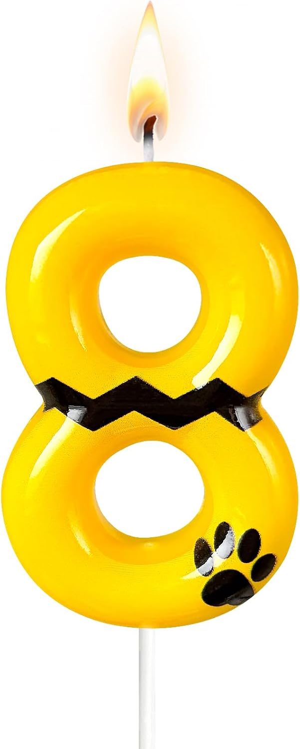 Puppy Paw Print Themed Number 8 Birthday Candle - Yellow Dog Style Cake Topper for Birthday Decorations Supplies, Pet Lover Party Favors (Pets Theme, 8)