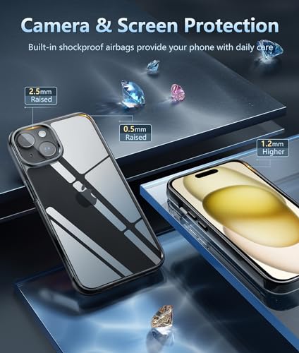 Image of FNTCASE for iPhone 15 Plus Case: Clear Phone Cases Slim Anti Yellowing Military Grade Drop Protection Rugged Shockproof Protective Transparent Cell Phone Cover (D-Black)