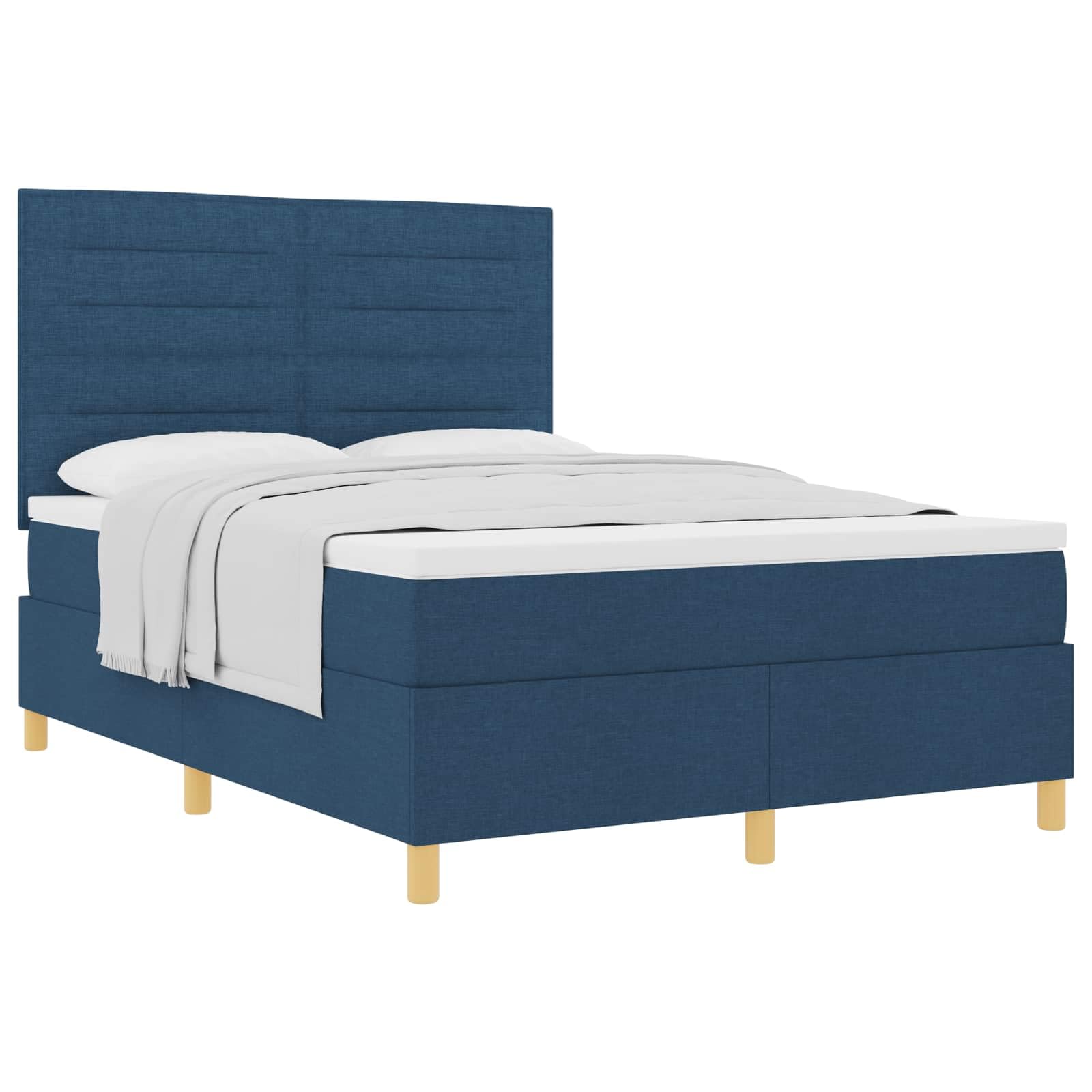 Cama con somier de 140 x 200 cm, tejido azul, con cabecero, colchón de muelles ensacados, madera maciza de pino, diseño moderno de dormitorio para parejas